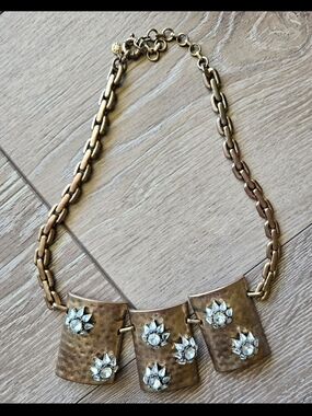 J. Crew Brass Hammered Panel Necklace with Clear Crystal Accents